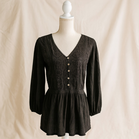 Cato L Black Cotton Blouse Long Sleeve Peplum Boho Cottagecore Eyelet Top - Picture 1 of 15